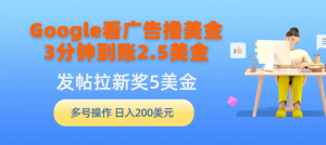 Google看广告撸美金，3分钟到账2.5美金，发帖拉新5美金，多号操作，日入200美元-副业吧创业